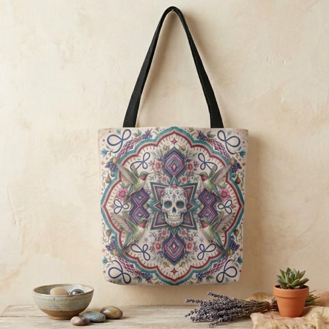 Bolsa Tote Boho Crânio de Açúcar Arte Folclórica  (Criador carregado)
