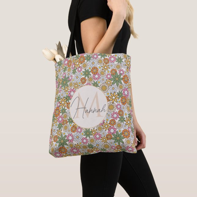 Bolsa Tote Boho Daisy Flowers 70s Groovy Floral (Close Up)