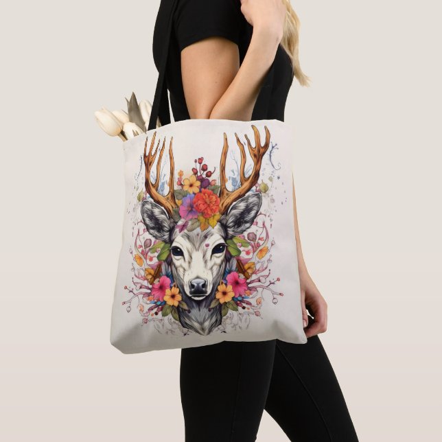 Bolsa Tote Boho Deer Colorful Flowers (Close Up)