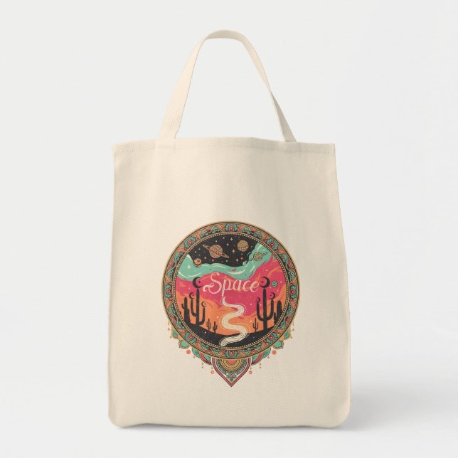 Bolsa Tote Boho Deserto Cósmico Retro (Frente)