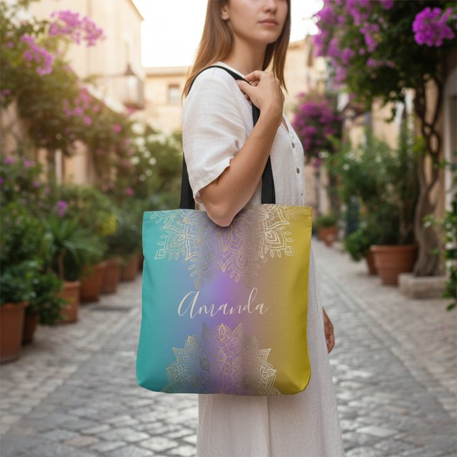 Bolsa Tote Boho Dourado Filigrana Mandala Pastel Arco-íris Om (Criador carregado)