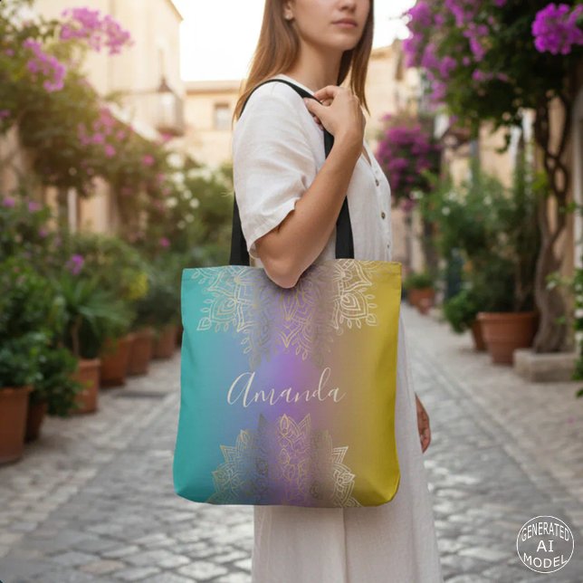 Bolsa Tote Boho Dourado Filigrana Mandala Pastel Arco-íris Om (Criador carregado)