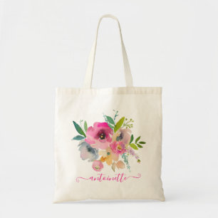 Bolsa Tote Boho Floral Aquarela Nome Personalizado