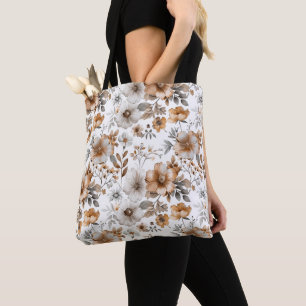 Bolsa Tote Boho Floral Cinza Marrom Neutro Cor Aquarela