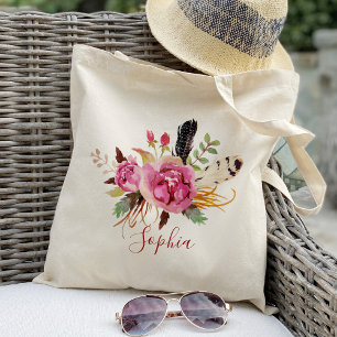 Bolsa Tote Boho floral e pena Para Damas de Honra Personaliza