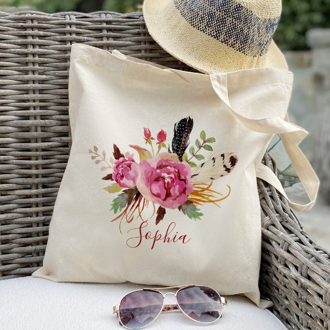 Bolsa Tote Boho floral e penas Para Damas de Honra Personaliz (Criador carregado)