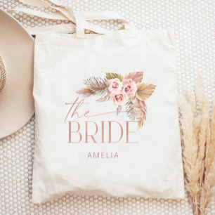 Bolsa Tote Boho Floral Pampas Rosa Dourado Noiva