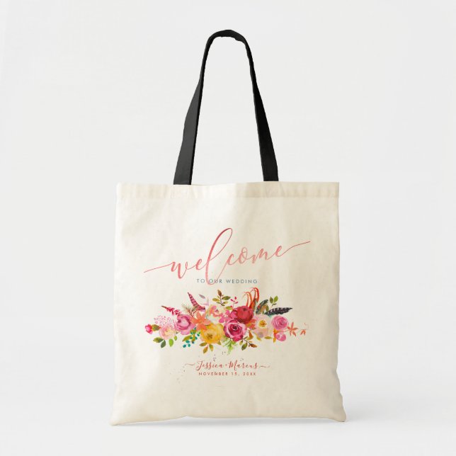 Bolsa Tote Boho Flores Aguarela Rosa Bem-vindo (Frente)