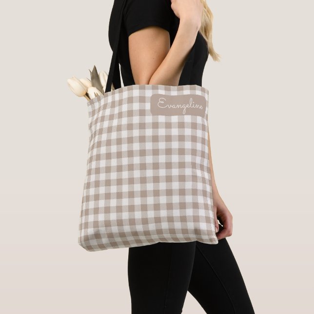 Bolsa Tote Boho Gingham Pattern Plaid Checkered Neutral Name (Close Up)