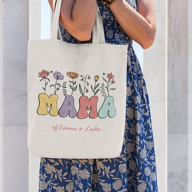 Bolsa Tote Boho Mama Texto com Flores e Nomes de Crianças (Criador carregado)