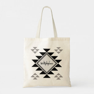 Bolsa Tote Boho Monograma Nome Cinza Negra Saco Geométrico