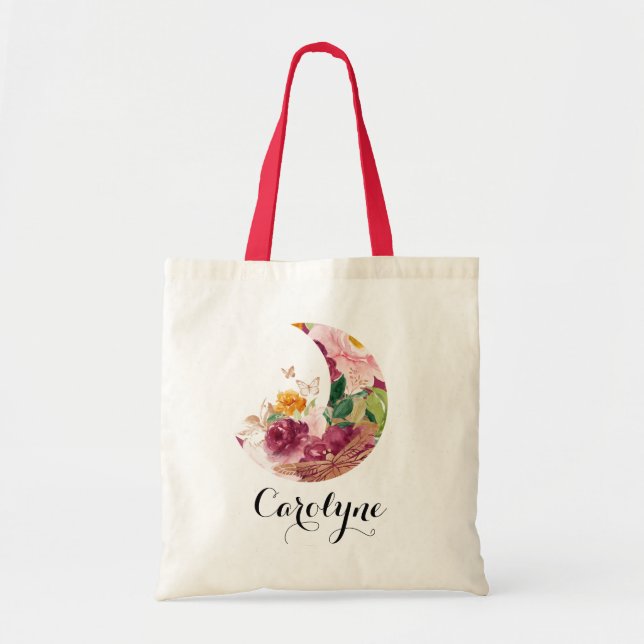 Bolsa Tote Boho Outono Aquarela Lua e Flores Damas de Honra (Frente)