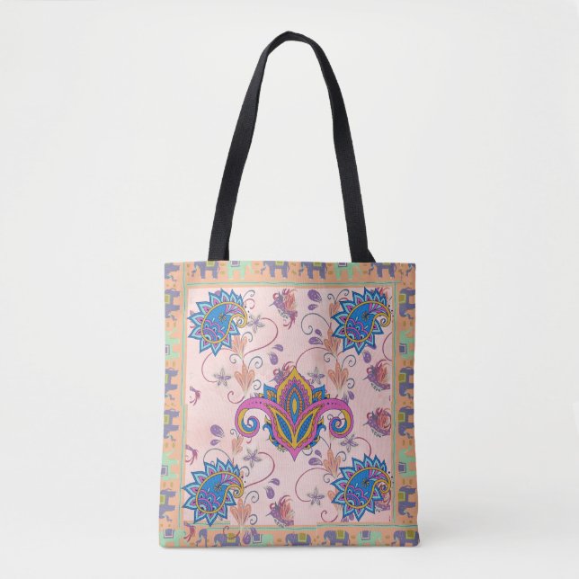 Bolsa Tote Boho paisley and elephant pattern_lmandala artwork (Frente)