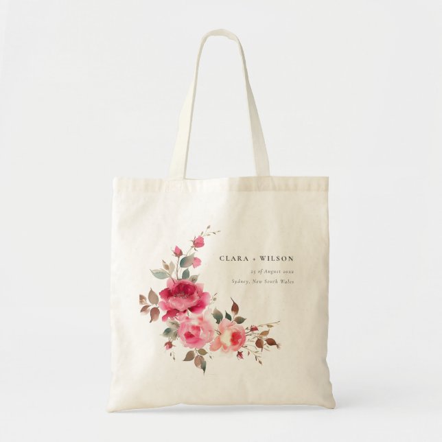Bolsa Tote Boho Red Pink Rose Flowers Watercolor Casamento (Frente)