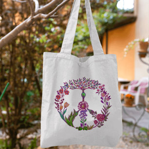 Bolsa Tote Boho Sinal de Paz Elegante Girly Bonita Floral Bon