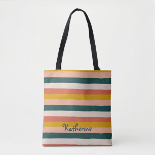 Bolsa Tote Boho Stripes Padrão Tendência de Mostarda Rosa Sal