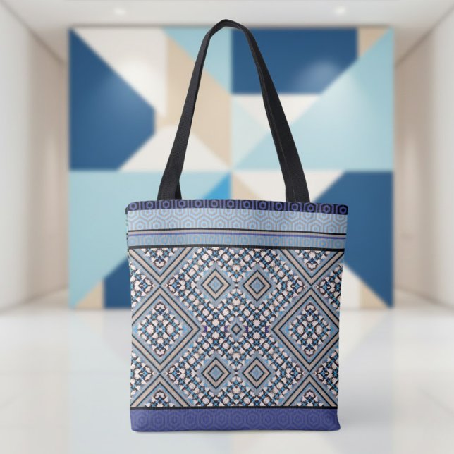 Bolsa Tote Boho Tan, Preto, Tribal Azul Inspirado (Criador carregado)
