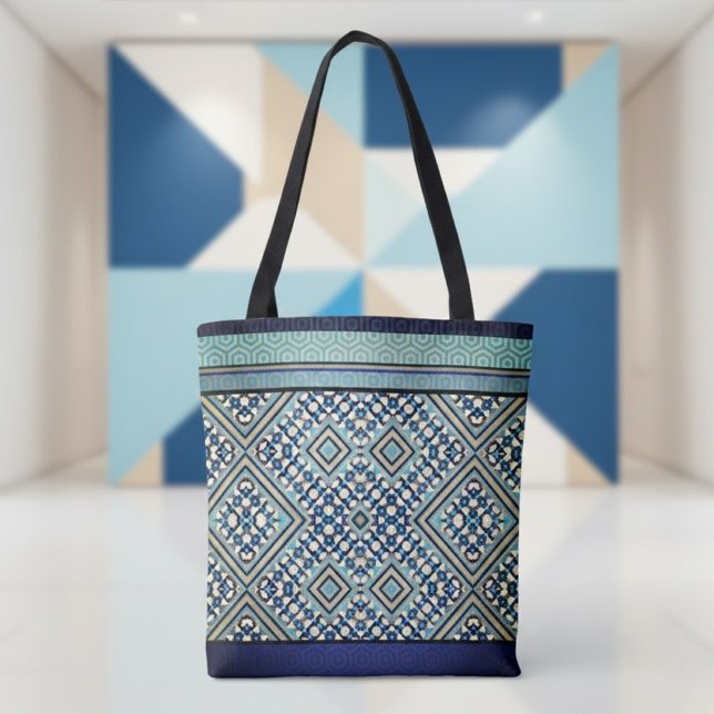 Bolsa Tote Boho Teal, Tan, Preto, Tribal Azul (Criador carregado)
