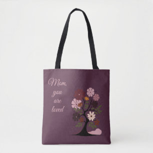 Bolsa Tote Boho tree para mães amadas em fundo roxo