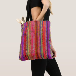 Bolsa Tote Boho Vintage Vermelho Violeta Listras -