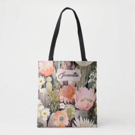 Bolsa Tote Boho Watercolor Blush Pink, Pêssego Cactus Floral