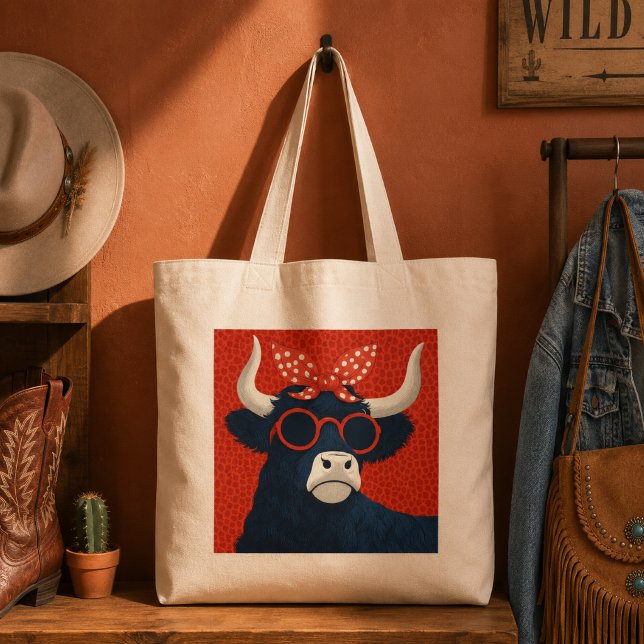Bolsa Tote Boi Highland Cool com Bandana de Bolinhas Retro (Criador carregado)