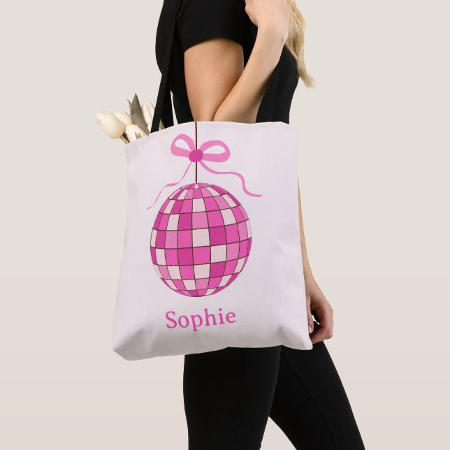 Bolsa Tote Bola de Discoteca Rosa Quente com Laço Coquette pe (Close Up)