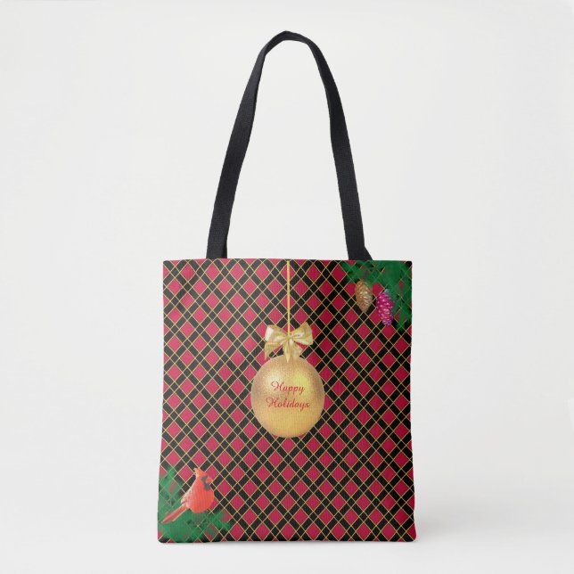 Bolsa Tote Bola de Natal, pássaro, pínus cones em preto e ver (Frente)