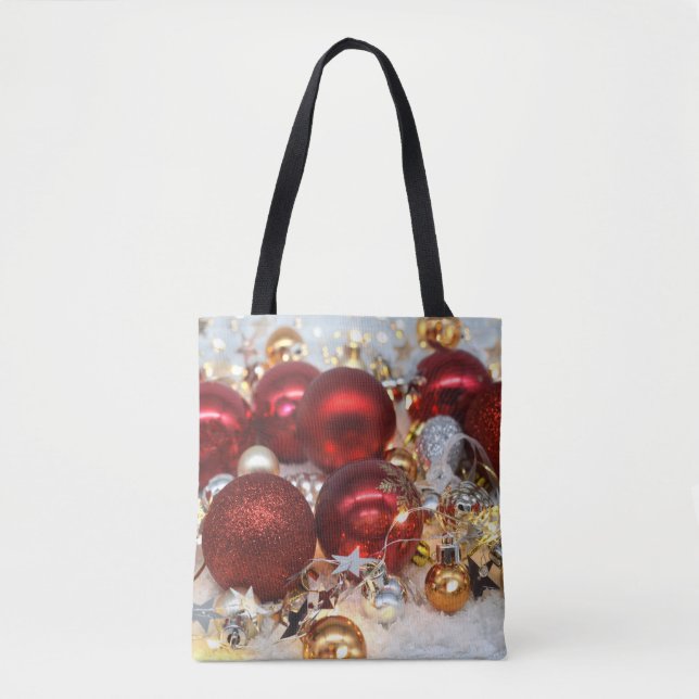 Bolsa Tote Bolas de Decoração Vermelha e Prata Natal (Frente)