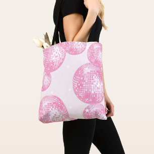 Bolsa Tote Bolas de Disco Rosa e Letras de Estrelas Brancas