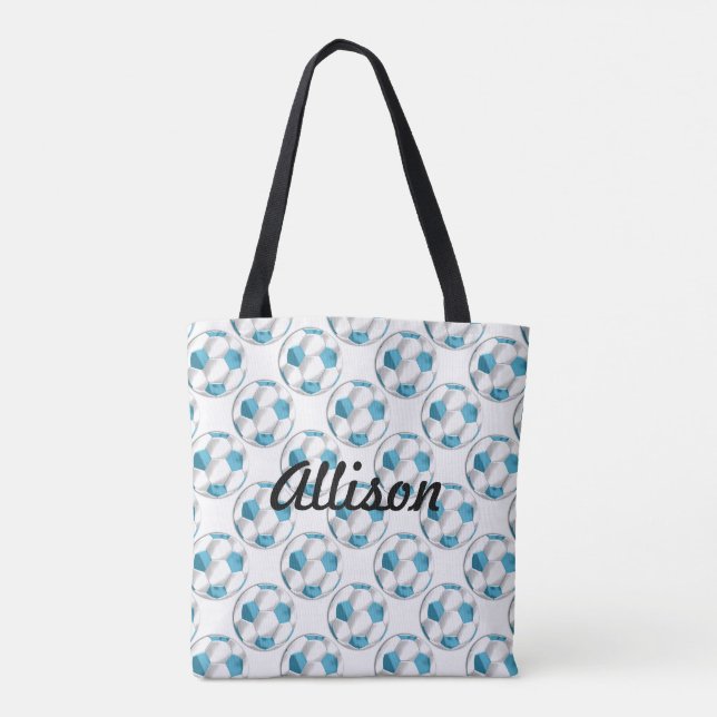 Bolsa Tote Bolas de Futebol Azul e Branco Turquesa com Nome (Verso)