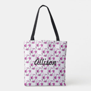 Bolsa Tote Bolas de futebol cor-de-rosa e brancas com nome