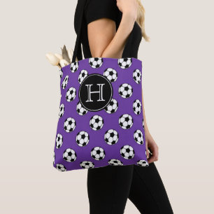 Bolsa Tote Bolas de Futebol Preto e Branco em Monograma Roxo