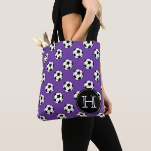 Bolsa Tote Bolas de futebol preto e branco no monograma roxo