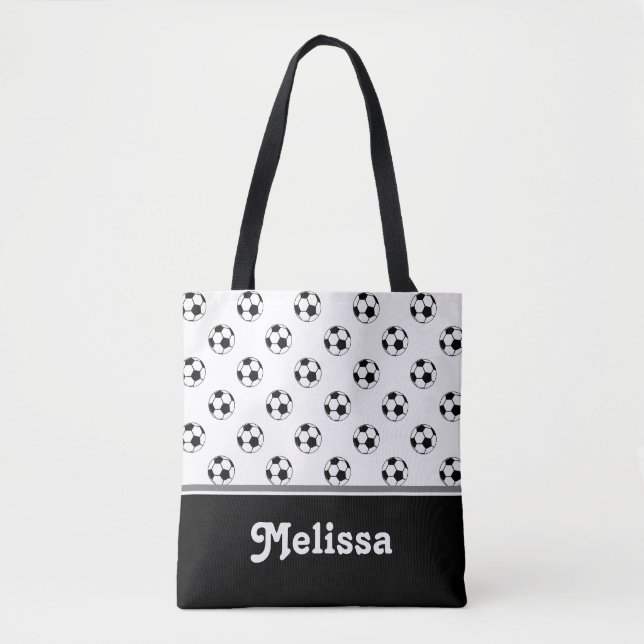 Bolsa Tote Bolas de futebol preto e branco | personalizado (Frente)