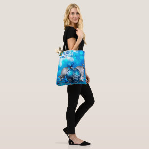Bolsa Tote Bolas de Natal Azuis e Prateadas, Candy Cane, Estr