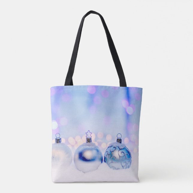Bolsa Tote Bolas de Natal de Prata Azul (Verso)