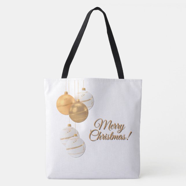 Bolsa Tote Bolas de Natal Gold e Branco com Texto Personaliza (Frente)
