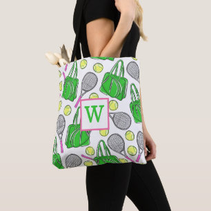 Bolsa Tote Bolas iniciais de Tênis Racquet cor-de-rosa verde-