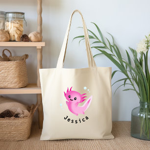 Bolsa Tote Bolha de Axolotl roxa-branca-branca com nome
