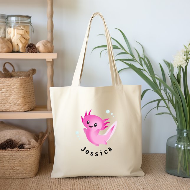 Bolsa Tote Bolha de Axolotl roxa-branca-branca com nome (Criador carregado)