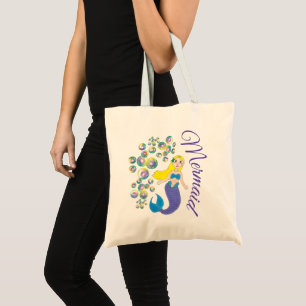 Bolsa Tote Bolhas de Sereia Blona azul-roxa do oceano azul