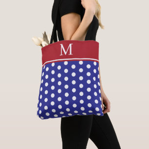 Bolsa Tote Bolinhas Azuis e Brancas com Monograma Vermelho