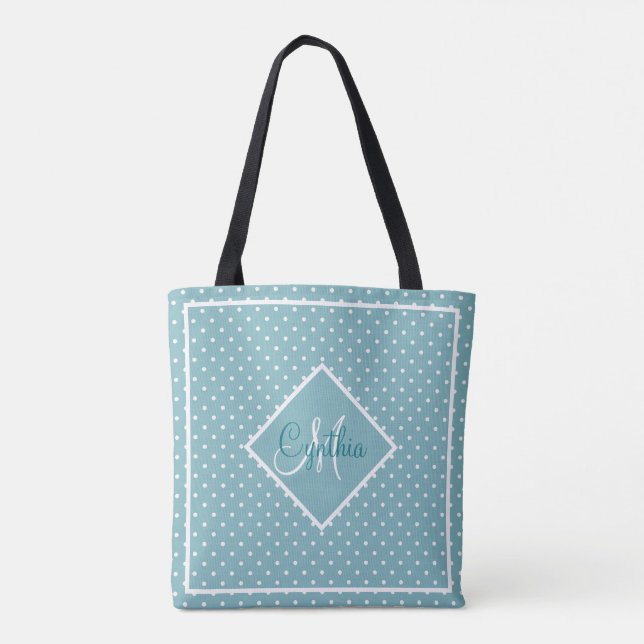 Bolsa Tote Bolinhas Azul e Branco com Monograma Med. (Verso)