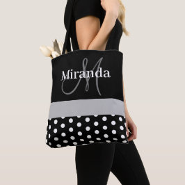 Bolsa Tote Bolinhas de Script de Cinza Branca Preta