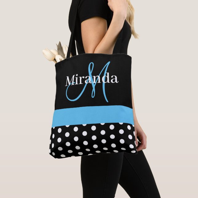 Bolsa Tote Bolinhas de Script de Monograma Azul Branco Preto (Close Up)