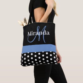 Bolsa Tote Bolinhas de Script de Monograma Azul Branco Preto