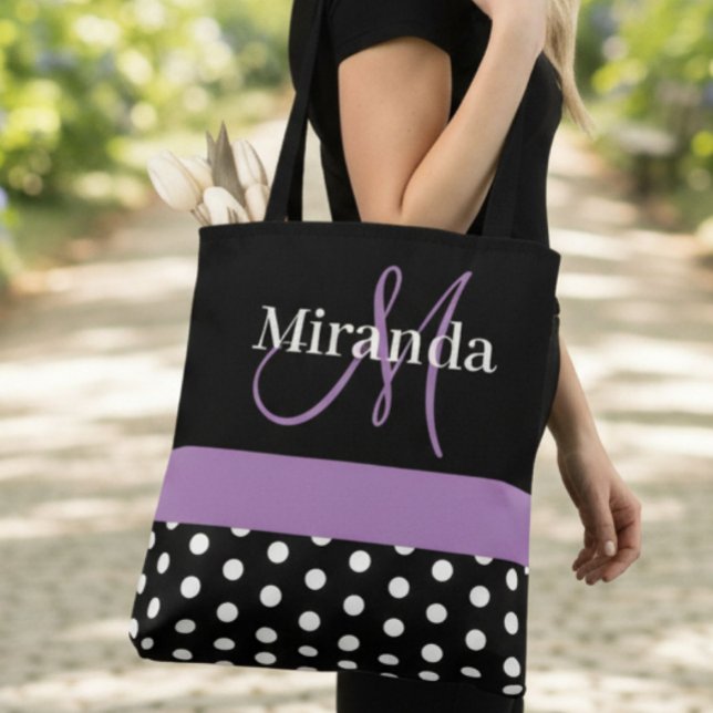 Bolsa Tote Bolinhas de Script de Monograma Puro Preto Branco (Criador carregado)