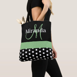 Bolsa Tote Bolinhas de Script de Monograma Verde Preto