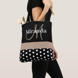Bolsa Tote Bolinhas de Script do Monograma Branco Preto